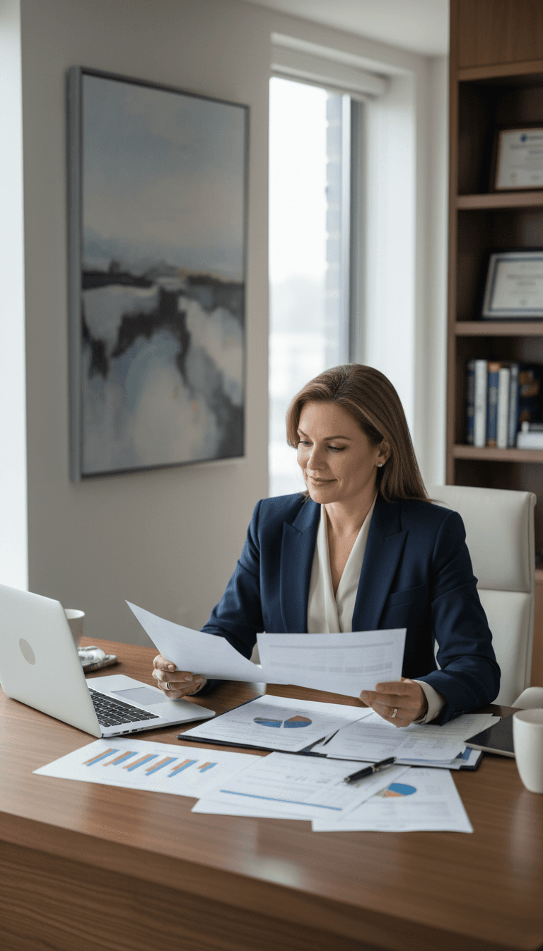 Financial advisor reviewing documents in a modern office