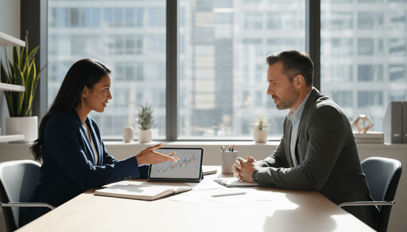Financial advisor consulting with client at desk, reviewing documents and charts in bright modern office