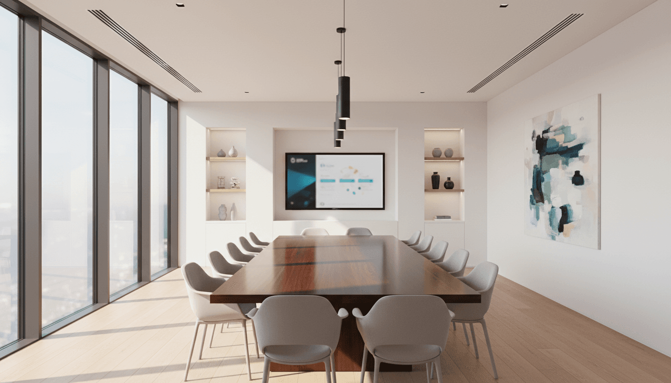 Empty modern meeting room with leather chairs and glass table, warm natural light